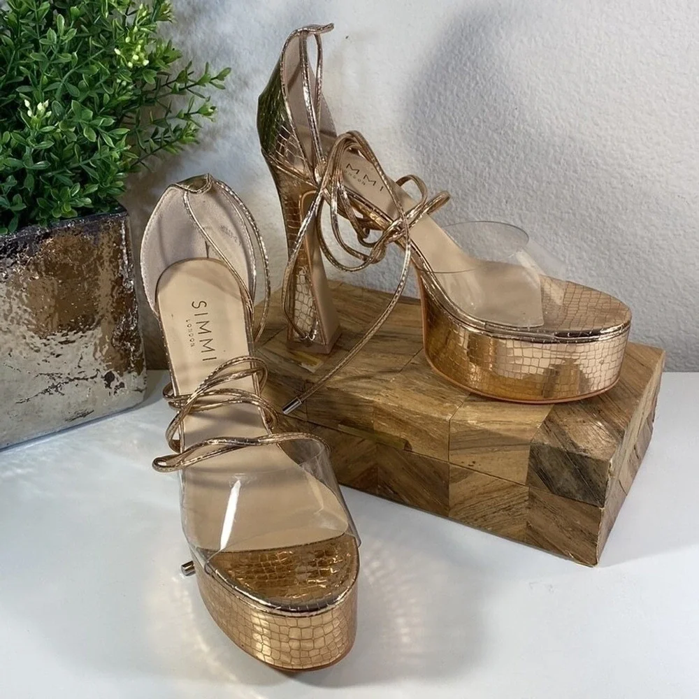 Clearance! Simmi Emma Croc Print Platform‎ Gladiator in Rose Gold Glam Bodycon 7